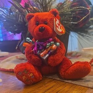 Ty Vibrant Red Teddy Bear with Multicolor Bow
